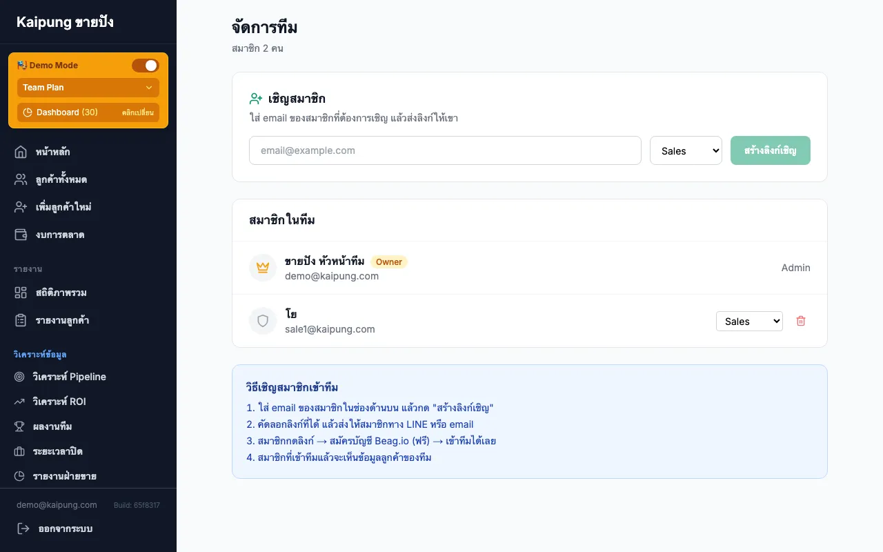 หน้าจัดการทีม เชิญสมาชิกด้วย email + กำหนด Role